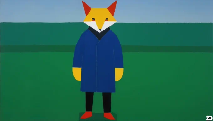 Prompt: a fox dressed in a rain coat, painting in the style of Kazimir Malevich