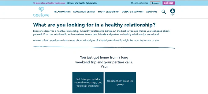 Screen shot of One Love's webpage containing a healthy relationship quiz.