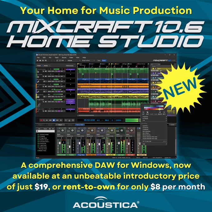 NEW! Introducing Mixcraft 10.6 Home Studio, an entry-level DAW for Windows that includes everything needed to record, edit, and arrange sounds. Get started at the incredible introductory price of $19, with a rent-to-own option of $8/month, for a limited time. More at https://acoustica.com/news/acoustica-releases-mixcraft-home-studio