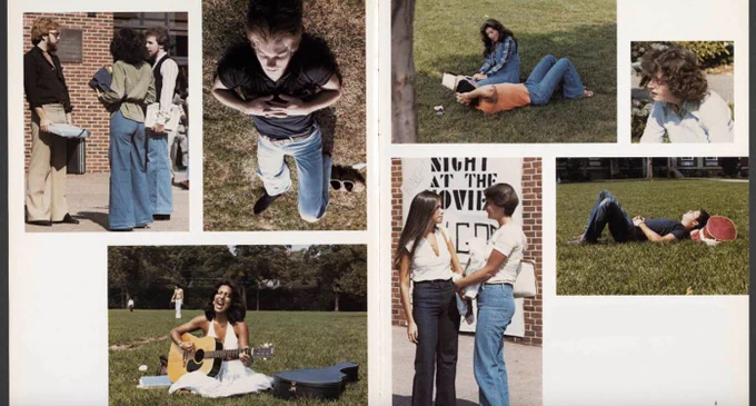 Seven seperate images of students enjoying warm weather on campus. From left: Three students talking, one student laying on the grass, one student sitting and playing guitar, two students laying on campus, two students standing and talking, one student sitting, one student laying on the grass