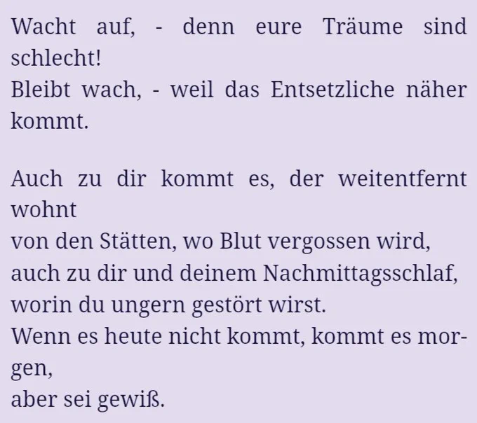 Günter Eich, Wacht auf!

(Mich hält eine schwere Lungenentzündung zusätzlich wach;)

