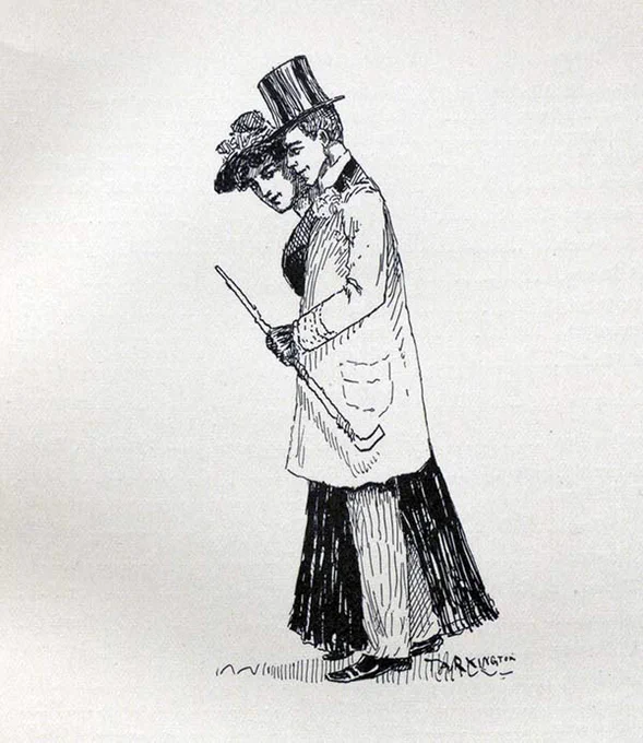 A drawing of a woman looking sideways at the viewer while walking with a man looking straight ahead