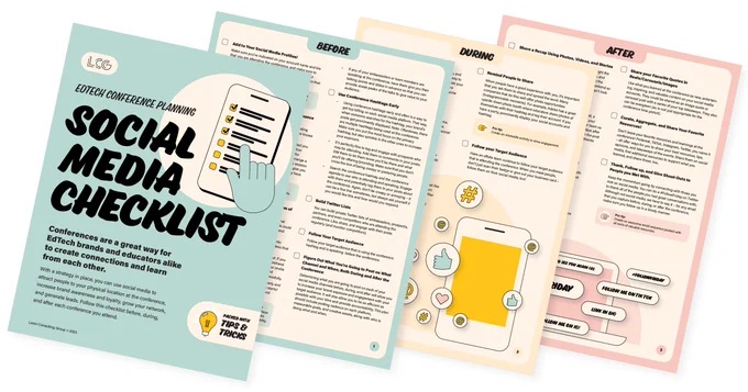 "Social Media Checklist", giving tips and strategies for effective conference planning and execution, including before, during, and after an event stages, illustrated with icons and a mobile device.