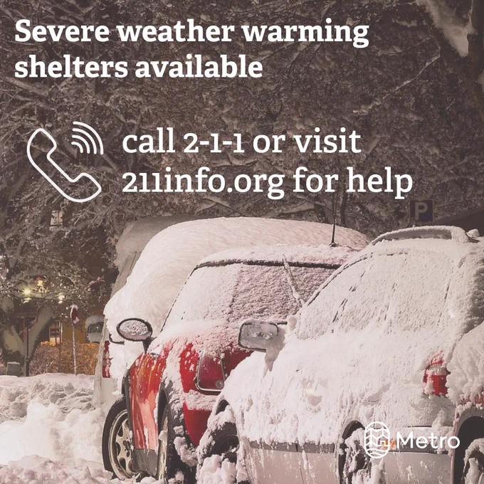Parked cars in snowy terrain announcing severe weather warming shelters available by calling 2-1-1 or visiting 211info.org for help. Metro branded logo in bottom right corner.