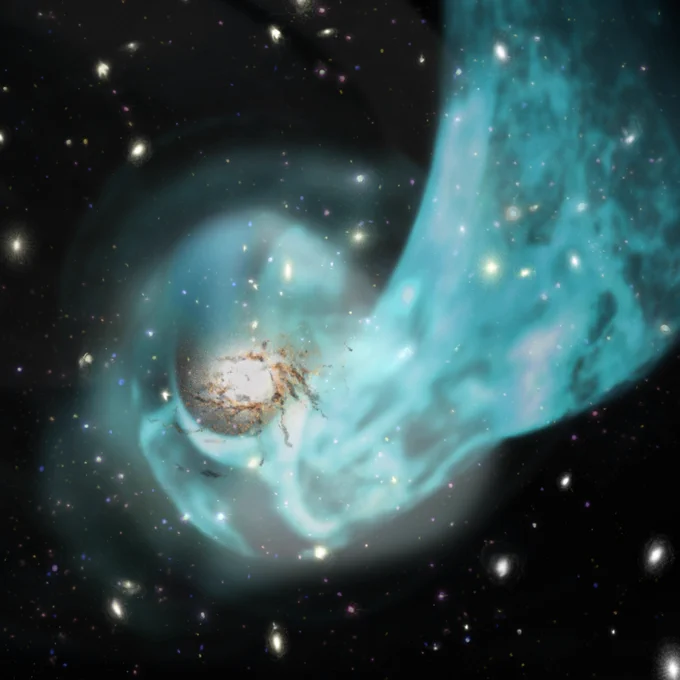 Illustration of the center of the Centaurus Cluster drawn based on XRISM observations and other observations. The bluish color indicates high-temperature gas. The white indicates galaxies, and the reddish brown indicates low-temperature gas. (credit: JAXA)