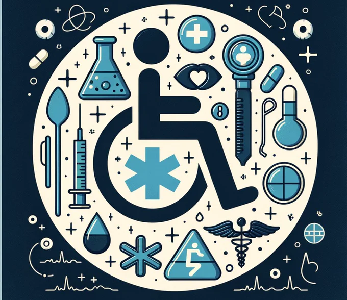 A circular graphic featuring a dark blue background and a central icon of a person in a wheelchair. Surrounding the wheelchair icon are various medical and scientific symbols, including a laboratory flask, syringes, a stethoscope, a medical cross, an astrological symbol, and a caduceus. The design incorporates different shades of blue and white, emphasizing themes of health, accessibility, and science.
