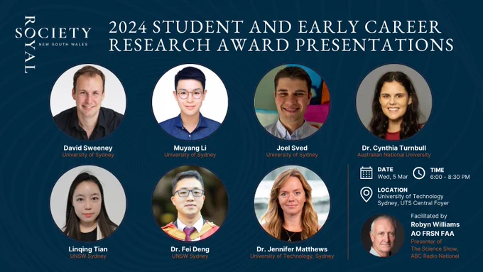 A graphic showing information on the RSNSW 2024 Student and Early Career Research Award Presentations. They will take place on Wednesday, March 5, from 6:00 to 8:30 p.m. at the University of Technology Sydney, UTS Central Foyer.