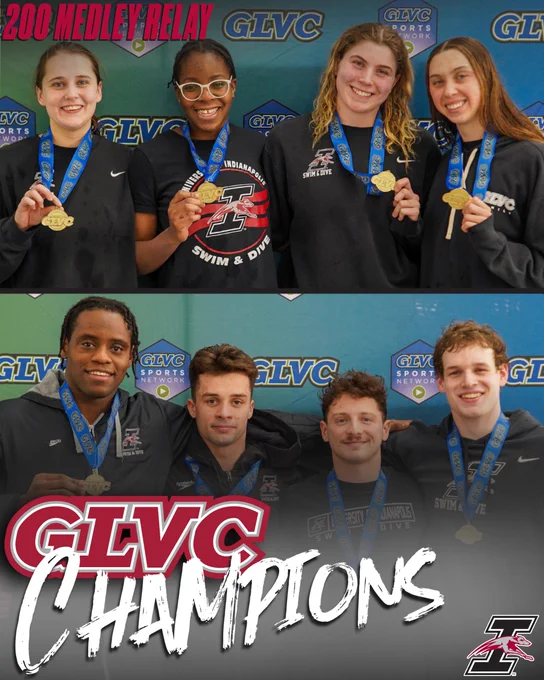 A graphic promoting UIndy's GLVC championship performance in both the men's and women's 200 medley relays.