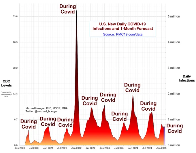 PMC19.com/data graph showing the 10 waves of Covid (U.S.) during the ongoing pandemic 