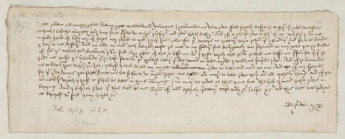 The earliest Valentine's letter in English, written by Margery Brews to John Paston III. 