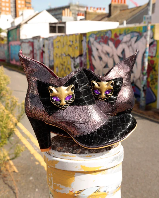 Irregular Choice 'Mioaw' ankle boots. Mauve metallic, black faux croc details, bronze cat broach