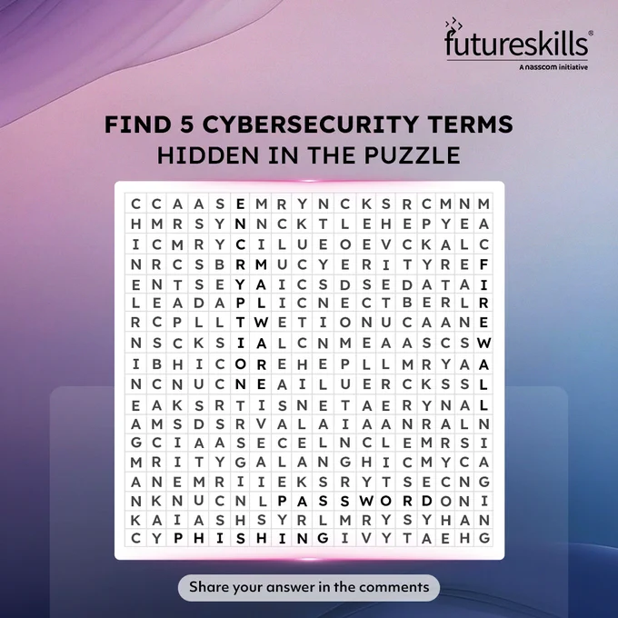 We are on the hunt for someone who can solve our cybersecurity puzzle. Find the terms from the puzzle and share your answer in the comments. 
#FutureSkills #cybersecuritypuzzle #CyberSecurity #careers #puzzlesolve #OnlineSecurity #cybersecuritysolutions #comment #Securitypuzzle