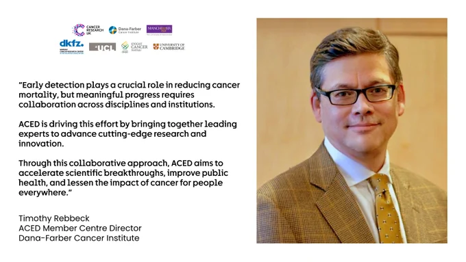 Copy reads: “Early detection plays a crucial role in reducing cancer mortality, but meaningful progress requires collaboration across disciplines and institutions. ACED is driving this effort by bringing together leading experts to advance cutting-edge research and innovation. Through this collaborative approach, ACED aims to accelerate scientific breakthroughs, improve public health, and lessen the impact of cancer for people everywhere. Timothy Rebbeck, ACED Member Centre Director for Dana-Farber Cancer Institute." It also includes a photo of Timothy Rebbeck and the ACED partner logos: Cancer Research UK, Dana-Farber Cancer Institute, The University of Manchester, the German Cancer Research Center DKFZ, University College London, the Knight Cancer Institute and OHSU, and the University of Cambridge. 