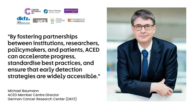 Copy reads: “By fostering partnerships between institutions, researchers, policymakers, and patients, ACED can accelerate progress, standardize best practices, and ensure that early detection strategies are widely accessible. The involvement of various disciplines enhances our ability to address the scientific, medical, and societal challenges associated with early detection, ultimately benefiting patients worldwide. Michael Baumann, ACED Member Centre Director for the German Cancer Research Center (DKFZ).” It also includes a photo of Michael Baumann and the ACED partner logos: Cancer Research UK, Dana-Farber Cancer Institute, The University of Manchester, the German Cancer Research Center DKFZ, University College London, the Knight Cancer Institute and OHSU, and the University of Cambridge. 