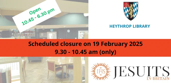 Banner with the text of the tweet. In the background: a photo of the reading room of the Heythrop Library. Also includes the Heythrop Library crest, and the Jesuits in Britain banner.