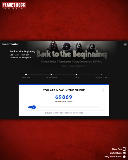 Screenshot of Black Sabbath Back to the Beginning ticket website showing text "You are now in the queue. 69,869 people ahead of you"