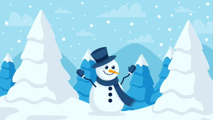 A cheerful, illustrated snowman wearing a dark blue top hat, matching scarf, and mittens stands in a snowy winter landscape. Snow-covered evergreen trees and rolling hills are in the background, with snowflakes falling from a light blue sky filled with soft clouds.