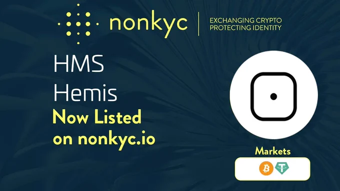 A promotional banner for nonkyc.io announcing that HMS Hemis is now listed. The image features the nonkyc logo, the tagline 'Exchanging Crypto, Protecting Identity,' and an icon representing HMS Hemis. The 'Markets' section displays Bitcoin (BTC) and Tether (USDT) as supported trading pairs.