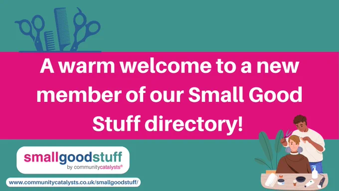 Image of hairdressing scissors and someone getting a haircut, with text reading 'a warm welcome to a new member of our Small Good Stuff directory!'