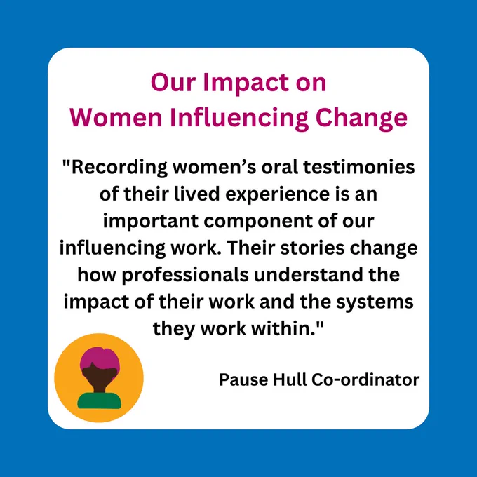 Graphic reads: Our impact on women influencing change. Quotation from pause hull co-ordinator reads: “Recording women’s oral testimonies of their lived experience is an important component of our influencing work. Their stories change how professionals understand the impact of their work and the systems they work within". 