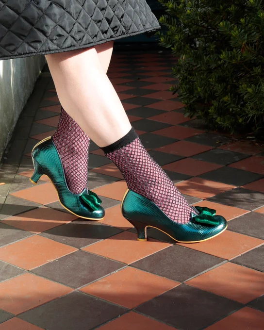 Irregular Choice 'Dazzle Razzle' mid-heels. Mock reptile emerald green, matching velveteen bow