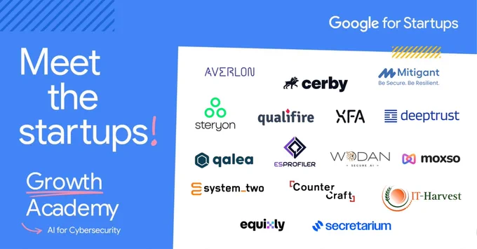 Poster image saying “Meet the Startups! Growth Academy — AI for Cybersecurity” with a “Google for Startups” logo and then a list of logos for the different companies that have joined the third cohort.