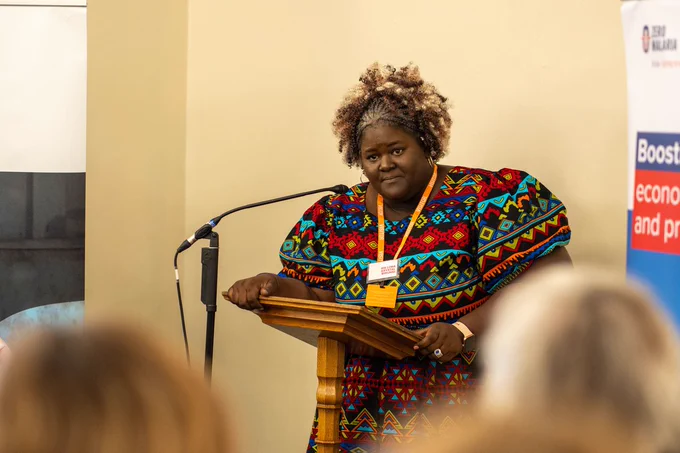 Krystal Birungi speaks at the House of Commons in the UK.