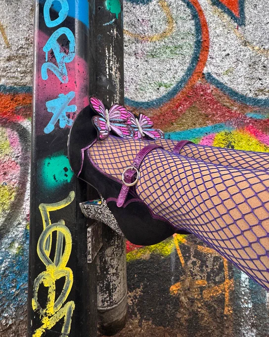 Irregular Choice 'Moth To A flame' heels. Black, metallic purple details, applique butterfly