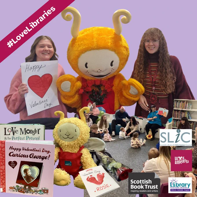 A group of people reading a book. 2 people stood with a BookBug and a card.