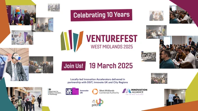 Image graphic: Celebrating 10 years of Venturefest West Midlands 2025. Join us! 19 March 2025.