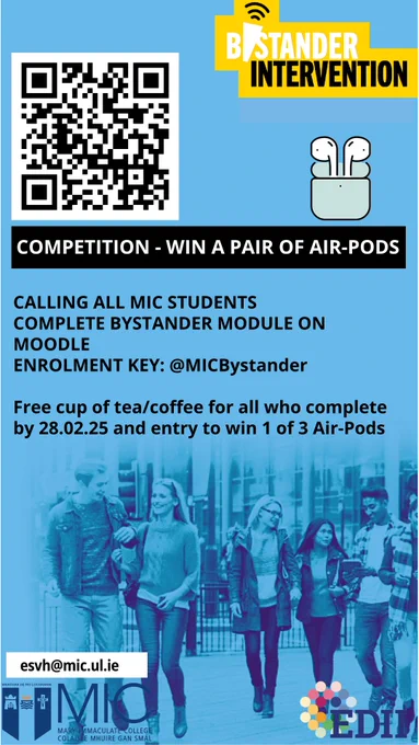 Exciting news we are running a competition this month. Complete the @BystanderUcc module on MIC Moodle for entry to win a pair of Air-Pods.  Open to all MIC Students.