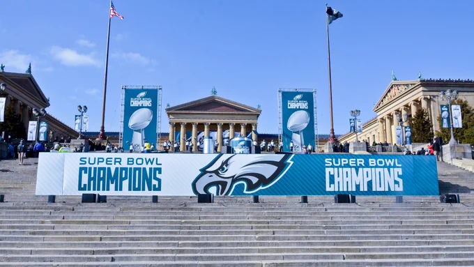 Picture of the Philadelphia Eagles Super Bowl LII Championship celebration stage set up on the Art Museum steps.