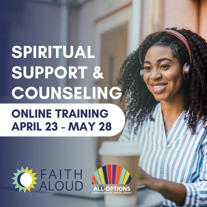 Image description: photo of a smiling Black woman wearing headphones and looking at a laptop computer. Overlaid text reads, "Spiritual Support and Counseling Online Training. April 23 - May 28." The All-Options and Faith Aloud logos are under the text.