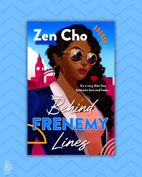 Book cover for BEHIND FRENEMY LINES by Zen Cho, featuring a curly-haired, brown-skinned woman in a blue blazer and sunglasses reflecting the image of a man in a suit, with the London skyline in the background.