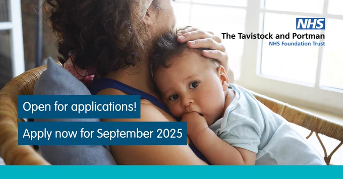 Image shows a baby being cradled in a woman's arms. There is copy that says Open for applications! Apply now for September 2025.