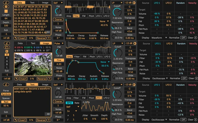 Three different screens from the Data Synth polysynth, showing waveform views, envelopes, parameters, modulation mapping, and input for data, image (RGB), and text.