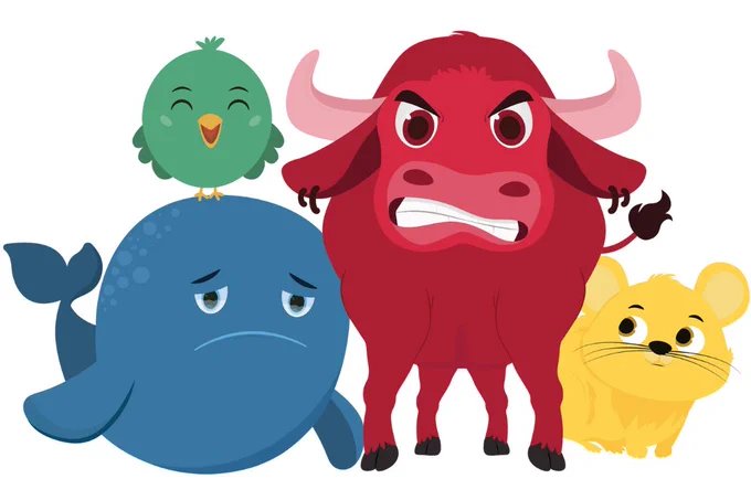 A group of cartoon animals, including a happy green bird, a sad blue whale, an angry red ox, and a yellow mouse