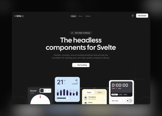 Screenshot of the Bits headless UI component library website. The page features a clean design with a centered headline "The headless components for Svelte" and showcases various UI components like a sound controller, temperature display, user card, and timer.
