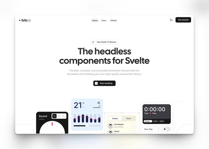 Screenshot of the Bits headless UI component library website. The page features a clean design with a centered headline "The headless components for Svelte" and showcases various UI components like a sound controller, temperature display, user card, and timer.
