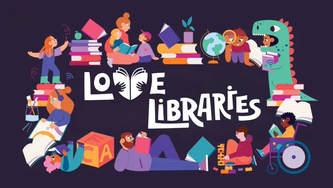 Illustrated images of library users surround the text Love Libraries
