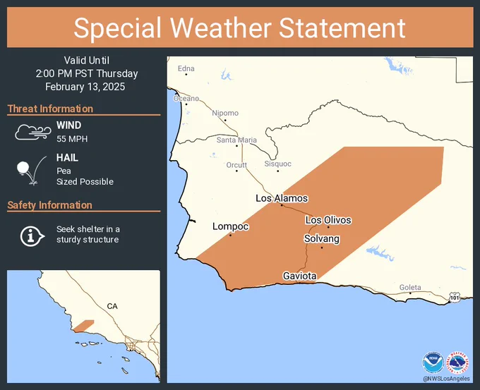 This graphic displays a special weather statement plotted on a map. The statement is in effect until 2:00 PM PST.  The statement includes Lompoc CA, Solvang CA and  Buellton CA.  STRONG THUNDERSTORMS WILL IMPACT NORTHWESTERN SANTA BARBARA COUNTY THROUGH 200 PM PST. The threats associated with this storm are wind gusts up to 55 MPH and pea sized hail. Seek shelter in a sturdy structure until the storm passes.