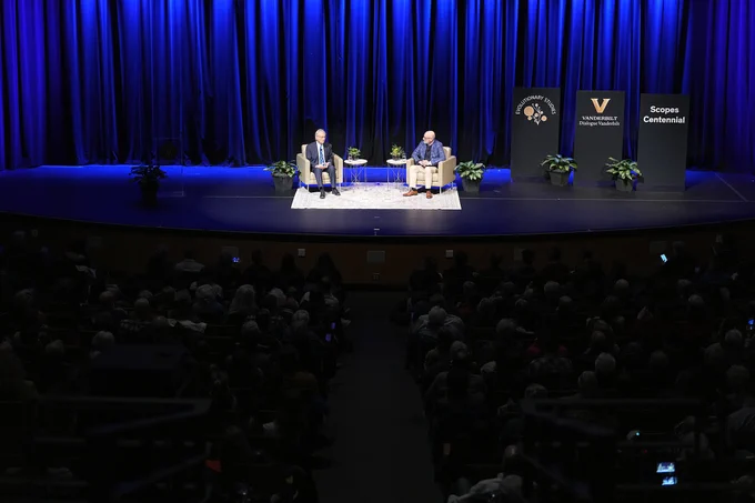 Richard Dawkins and David French talk on stage during the Scopes Centennial: Darwin Day Lecture in Langford auditorium. 