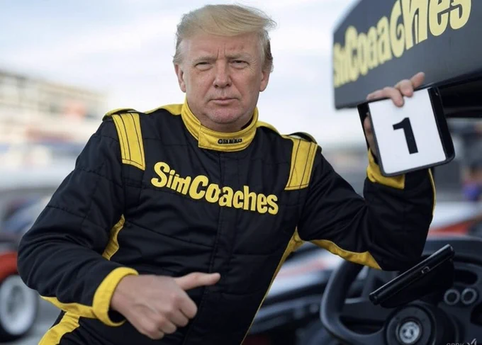 Donald Trump in a Sim Coaches fire suit