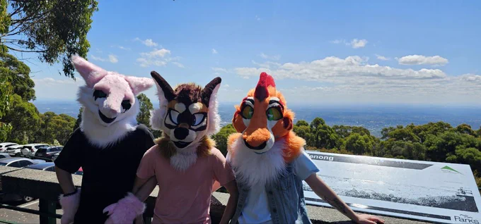3 fursuiters posing for a photo together in front of a view of the Melbourne skyline