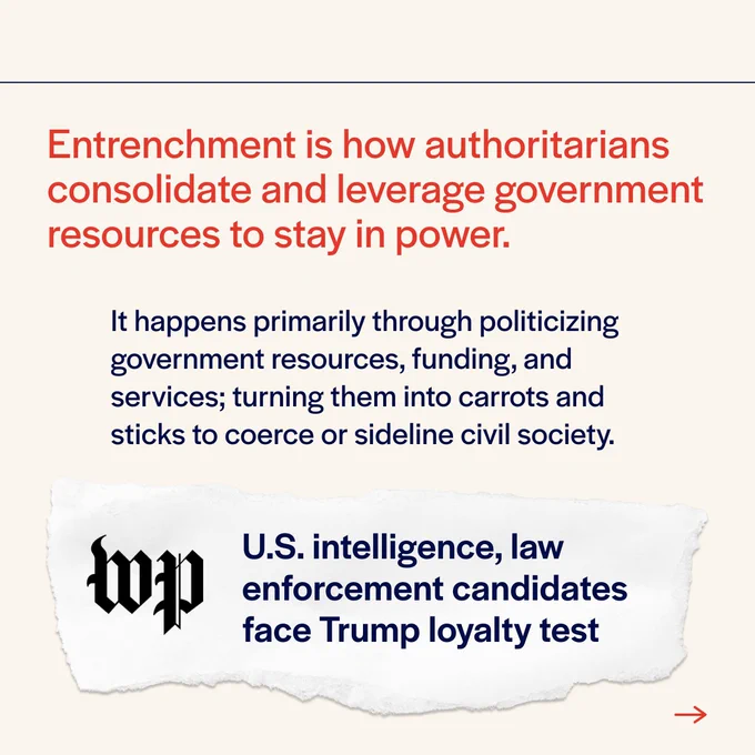 Entrenchment is how authoritarians consolidate and leverage government resources to stay in power.

It happens primarily through politicizing government resources, funding, and services; turning them into carrots and sticks to coerce or sideline civil society.

Headline graphic:
US Intelligence, law enforcement candidates face Trump loyalty test.