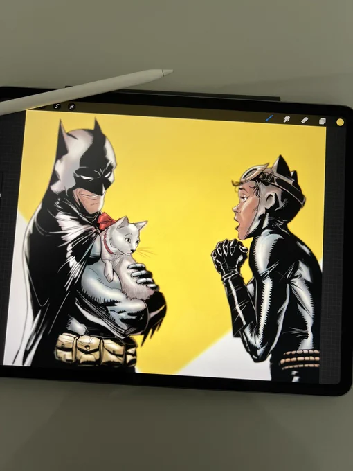 Digital illustration of Batman holding a white cat with a red bow while Catwoman looks surprised.
