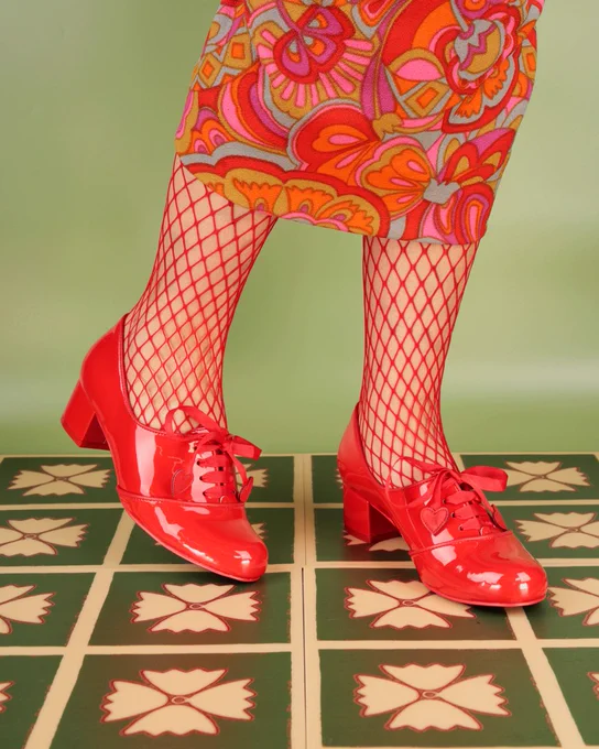 Irregular Choice 'Dear Dolly' block heels. Patent red, heart tip laces