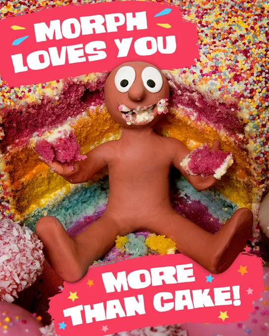 Morph sitting inside a large, colorful cake with a bitten piece in each hand. Text overlay reads 'MORPH LOVES YOU MORE THAN CAKE!' surrounded by festive decorations and sprinkles.