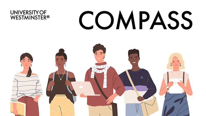 graphic image of 5 students with the words 'University Of Westminster, Compass' above