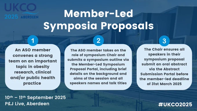 Instructions for Member-Led Symposia Proposals
Step 1: An ASO member convenes a strong team on an important topic in obesity research, clinical and/or public health practice 
Step 2: The ASO member takes on the role of symposium Chair and submits a symposium outline via the Member-Led Symposium Proposal Portal, including brief details on the background and aims of the session and all speakers names and talk titles
Step 3: The Chair ensures all speakers in their symposium proposal submit an oral abstract via the Abstract Submission Portal before the member-led deadline of 31st March 2025